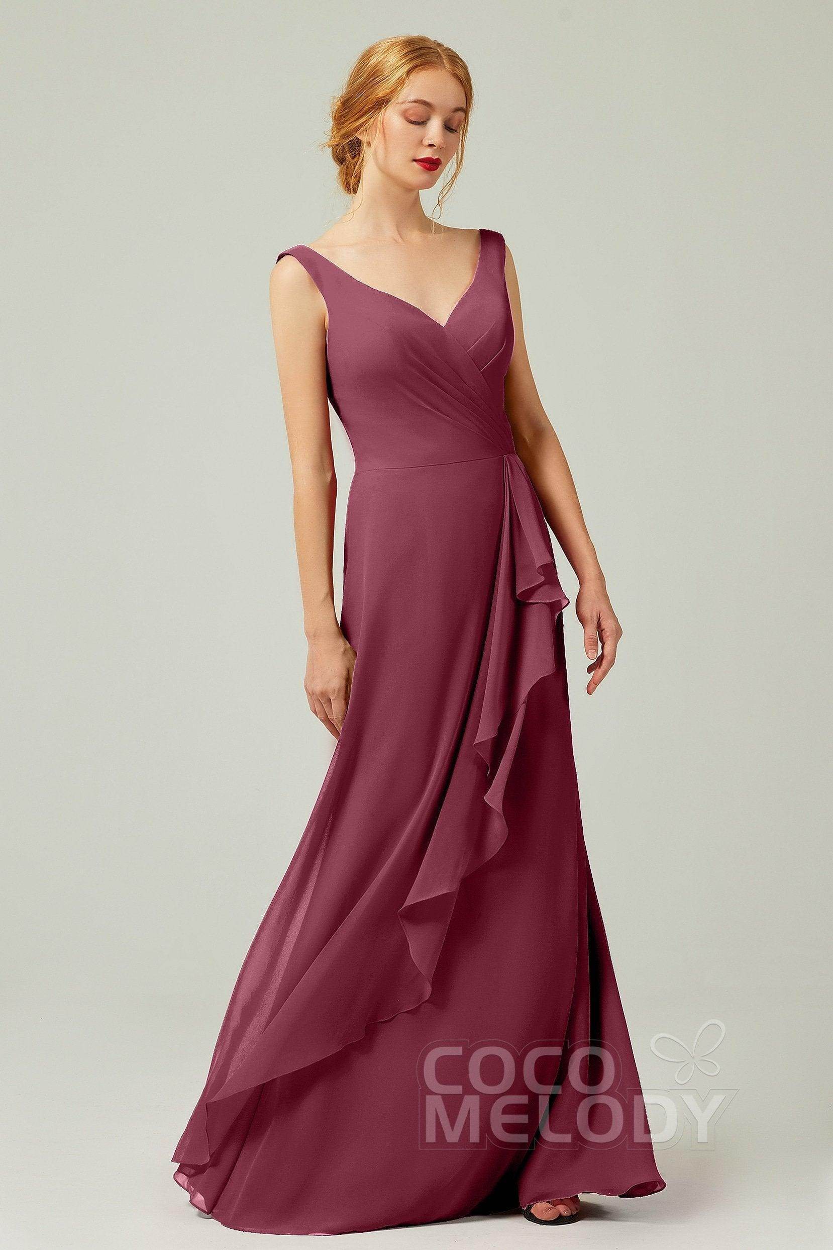 Sheath-Column Floor Length Chiffon Bridesmaid Dress Formal Dresses CB0344PS - COCOMELODY
